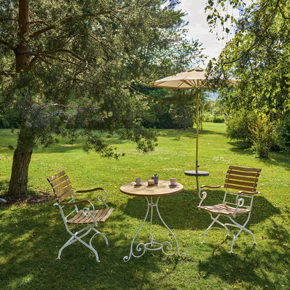 Weishäupl Classic Sitzgruppe in Weiß mit Teaktisch 250 und Sonnenschirm in Leinen