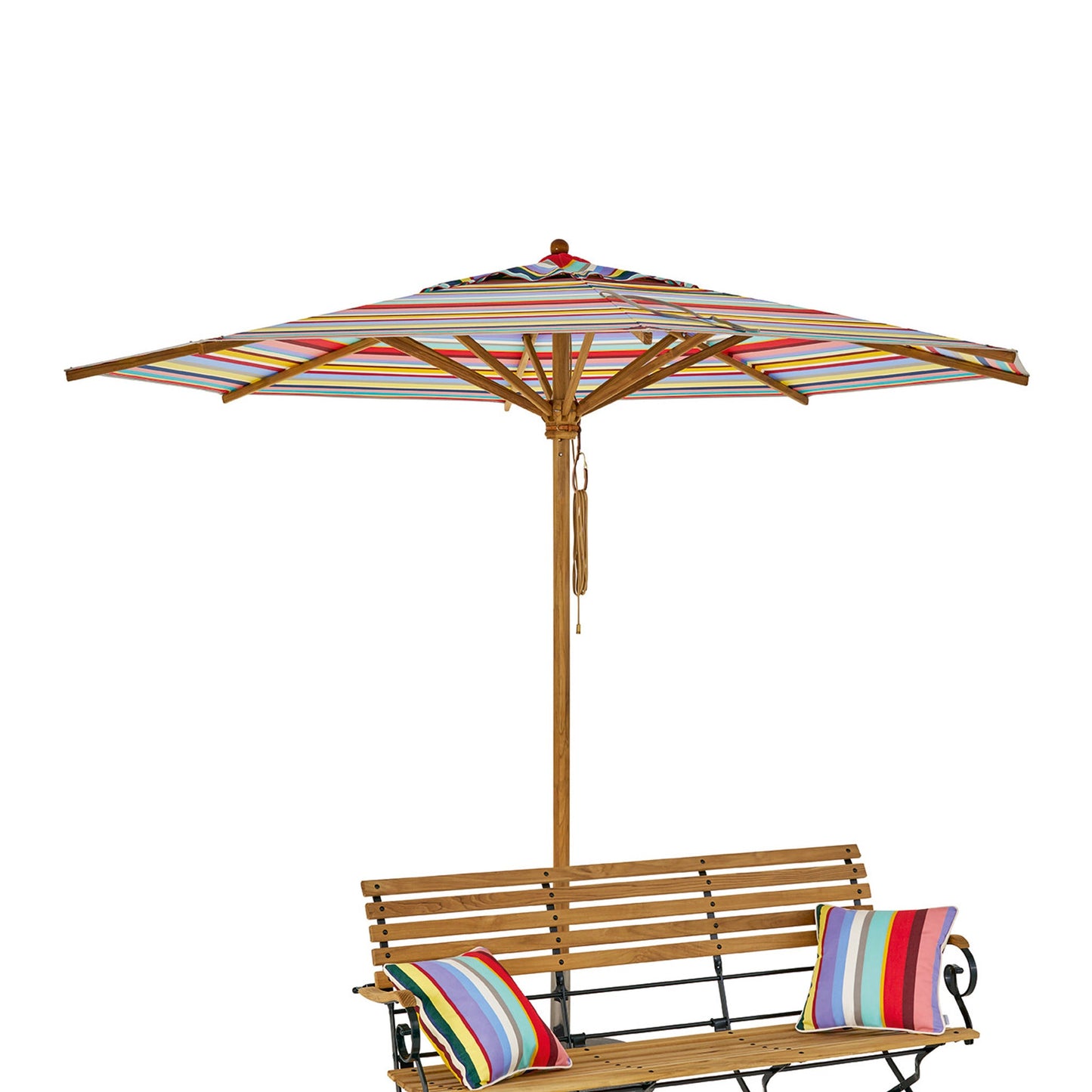 Weishäupl Classic Bank Dunkelgrün unter dem Teak-Sonnenschirm