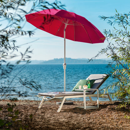 Weishäupl Minu Sonnenliege weiß am See mit pinkem Pagodenschirm